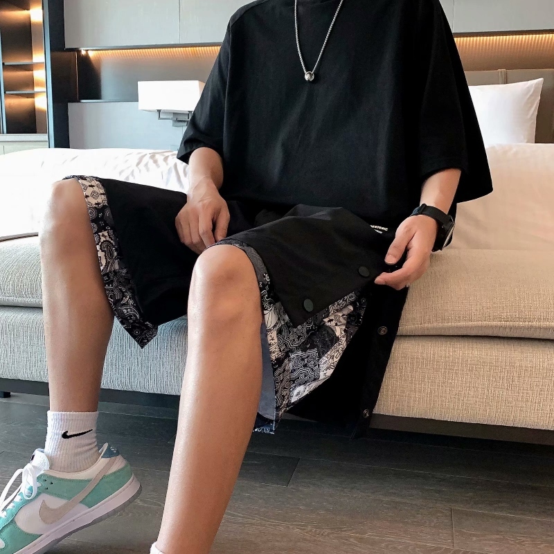 High street breasted shorts men's summer trend side open button Capris