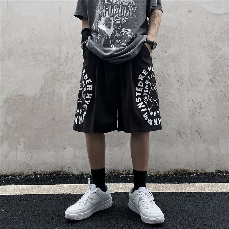 Harajuku style statue letter print men's and women's loose straight sleeve casual shorts