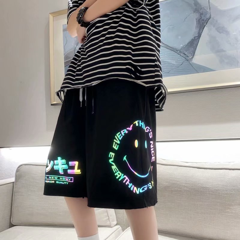 反光短褲寬鬆薄款i港風休閒中褲百搭學生潮牌五分褲子