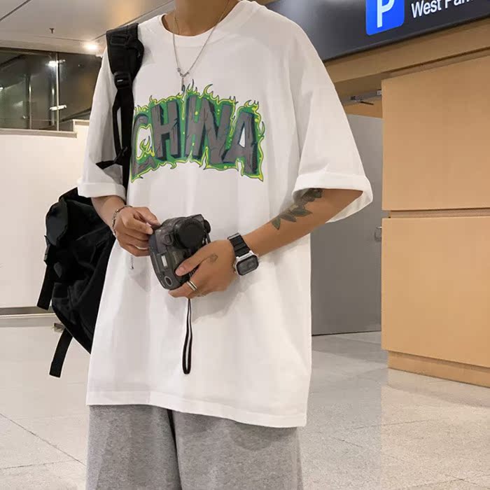 港風短袖T恤2021夏季韓版ins字母印花半袖潮流純棉上衣