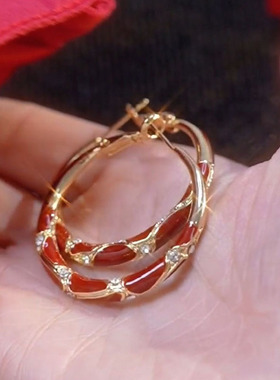 复古红色滴釉微镶钻耳扣新款潮独特耳环秋冬高级耳圈耳饰女L378