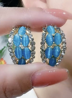 蓝色猫眼石耳环气质时尚闪钻耳饰百搭新款潮银针耳饰女L331