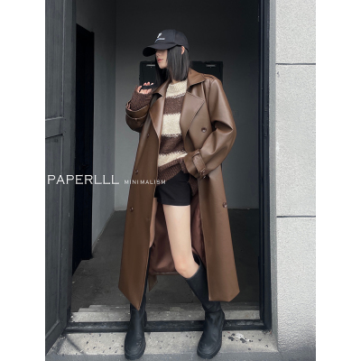 love英伦风轻奢复古蛋白皮外套秋冬新款设计感宽松长款过膝大衣