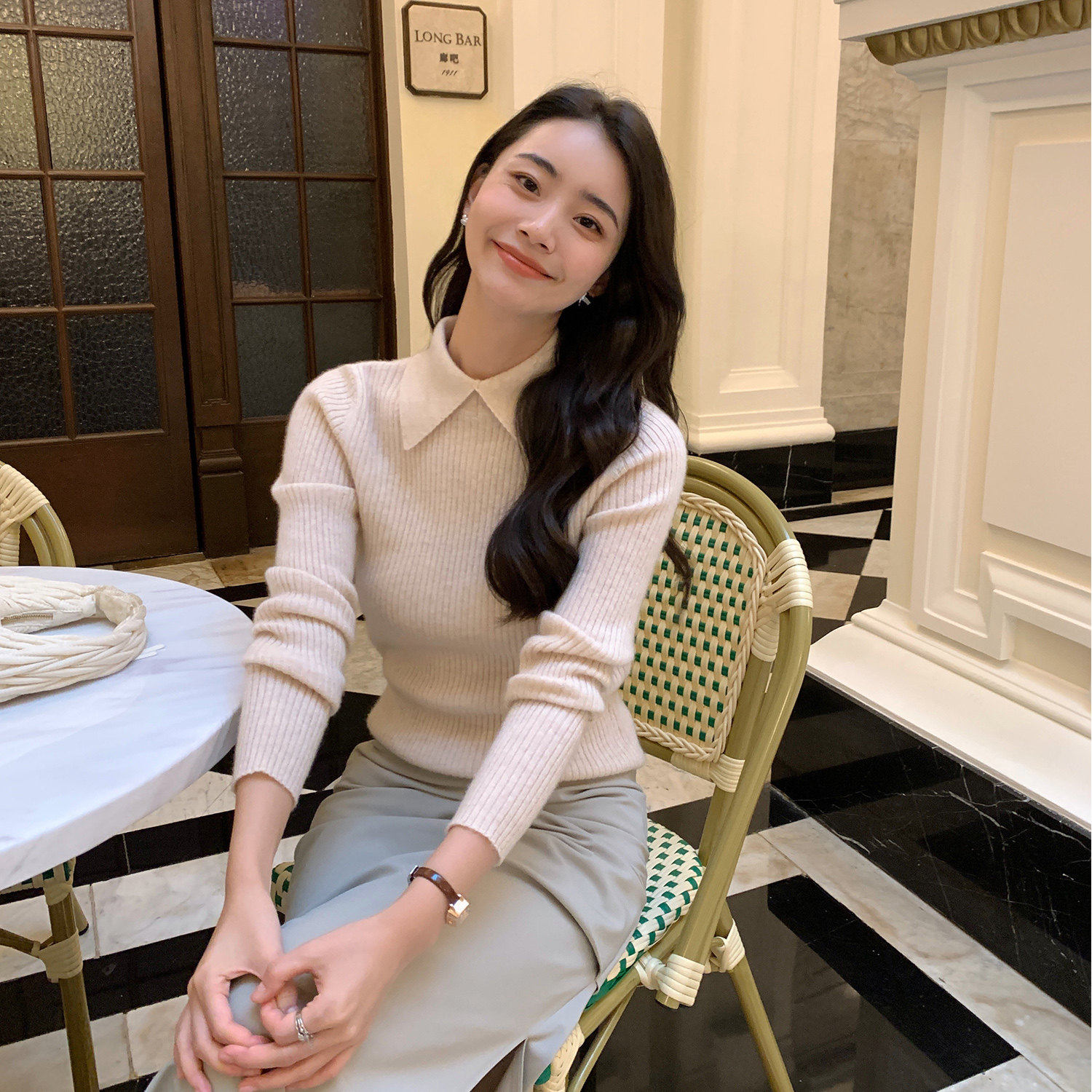 溪诺家/复古优雅感羊绒衫简约女小翻领抽条针织衫修身毛衣打底衫