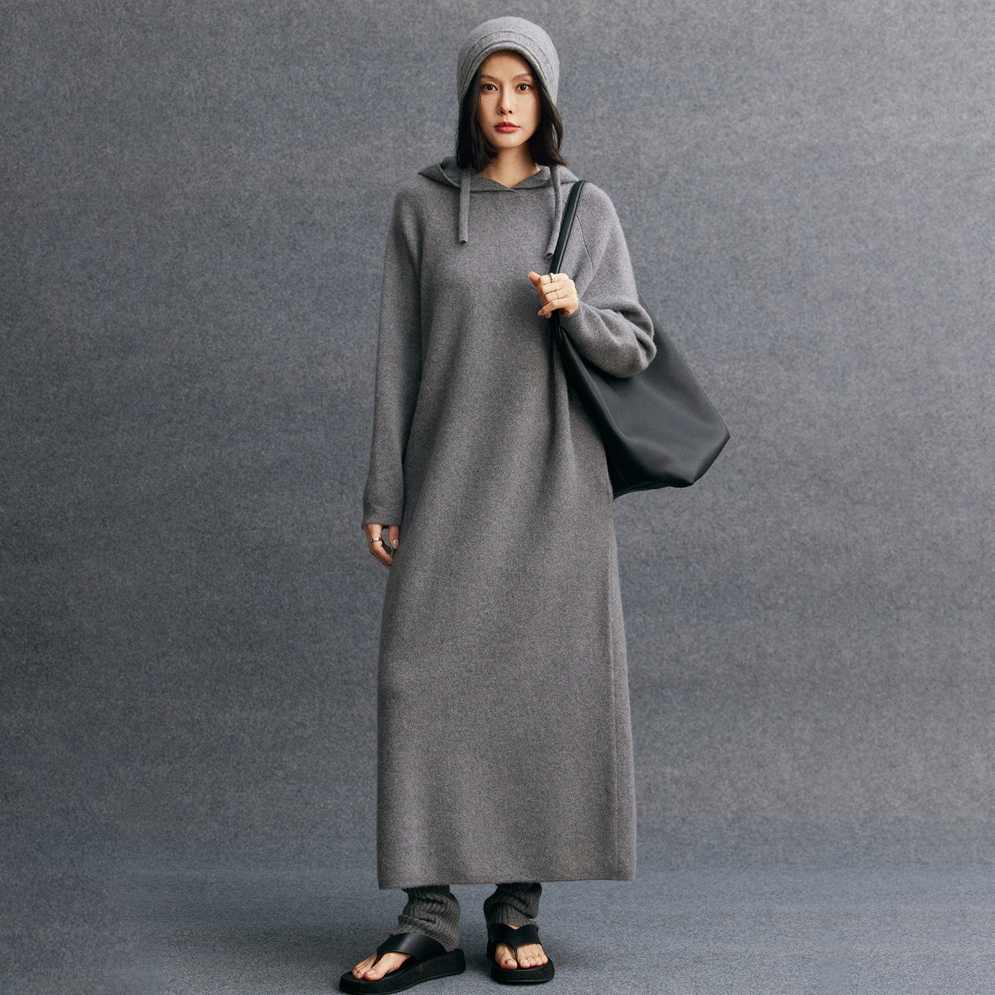 溪诺家/时期大气高级加厚宽松连帽连衣裙宽松长款卫衣羊毛裙帽衫
