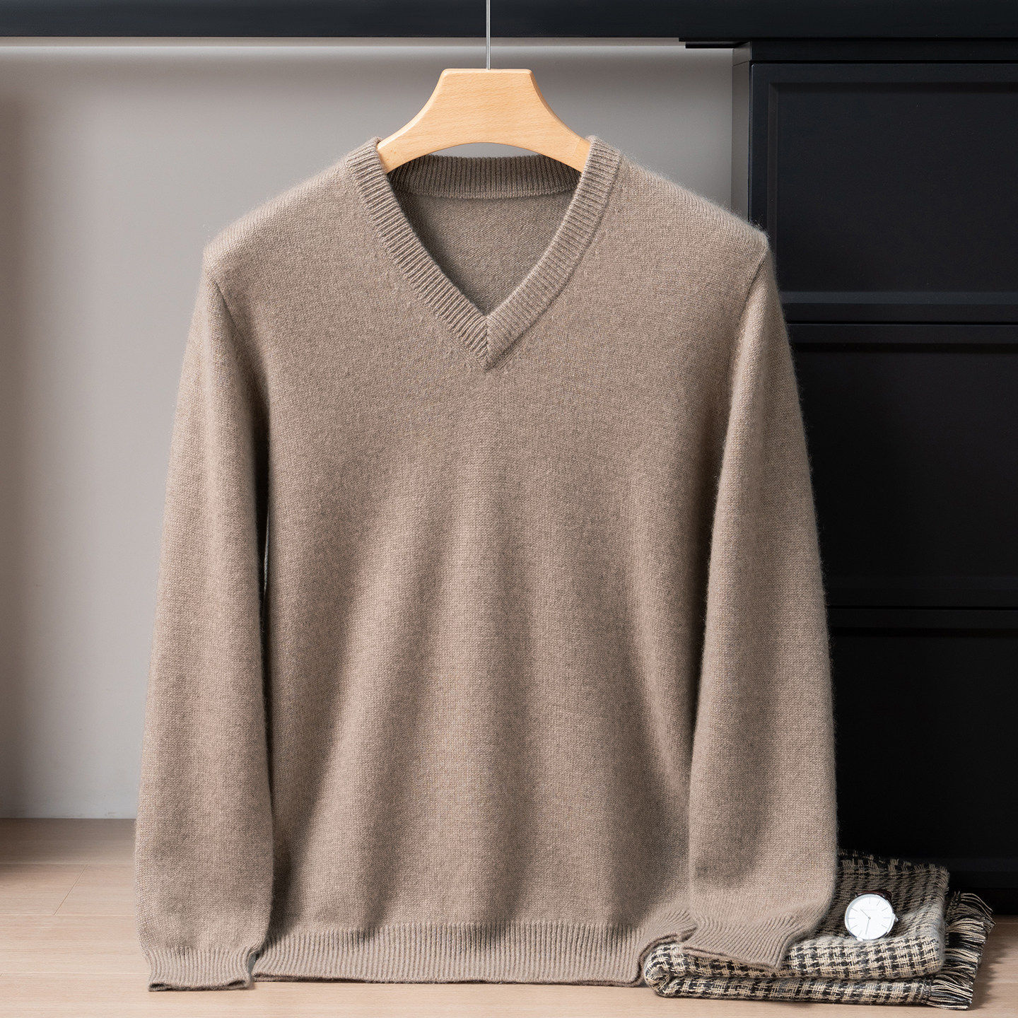 溪诺家/男士双股加厚100%山羊绒衫V领商务休闲内搭毛衣打底衫