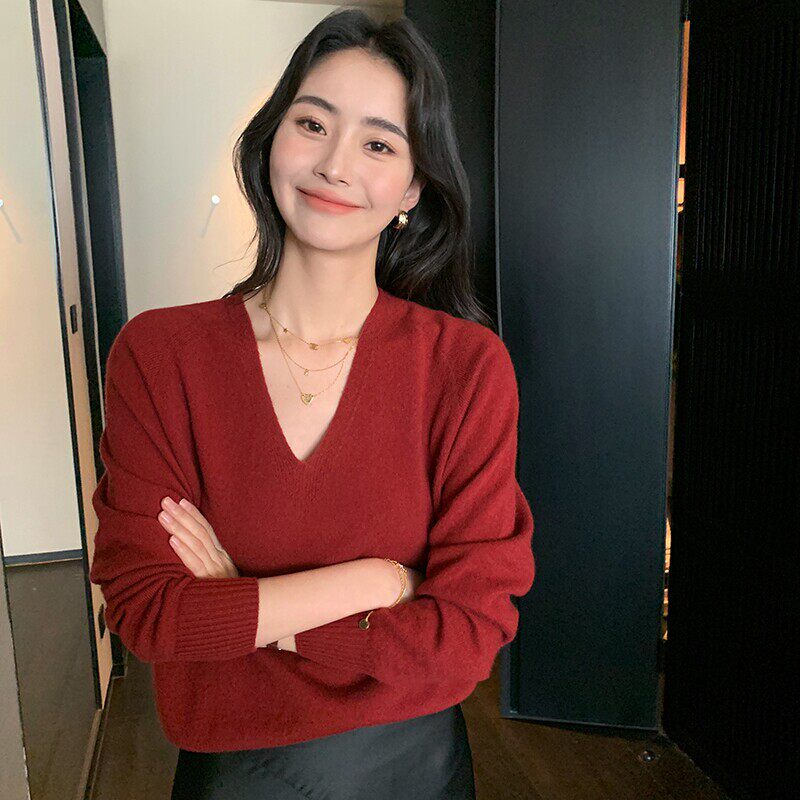 溪诺家/无缝一体 V领宽松针织山羊绒纯色女针织打底羊毛套头毛衣