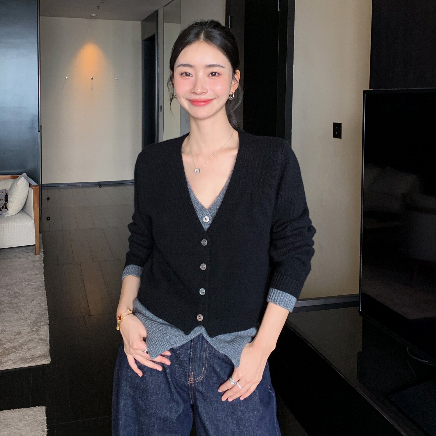 溪诺家/复古收藏家 假两件羊绒开衫V领加厚宽松设计感撞色毛衣