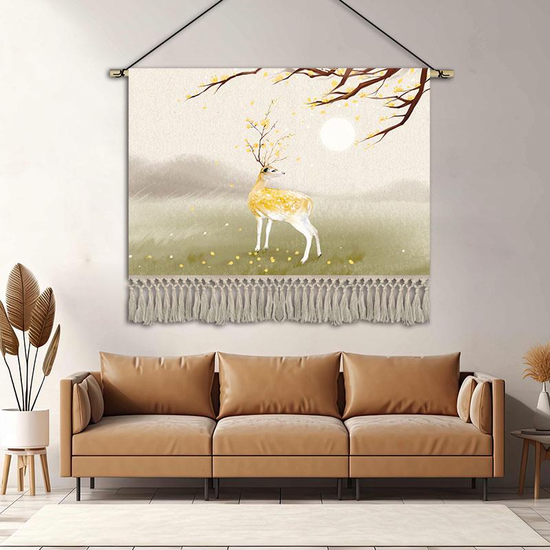 小清新麋鹿挂画布艺横版装饰画儿童房卡通挂毯游乐园卡通挂布定制图片