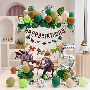 男孩生日布置恐龙主题拱门气球KT板背景墙家庭简单场景装饰4岁3岁
