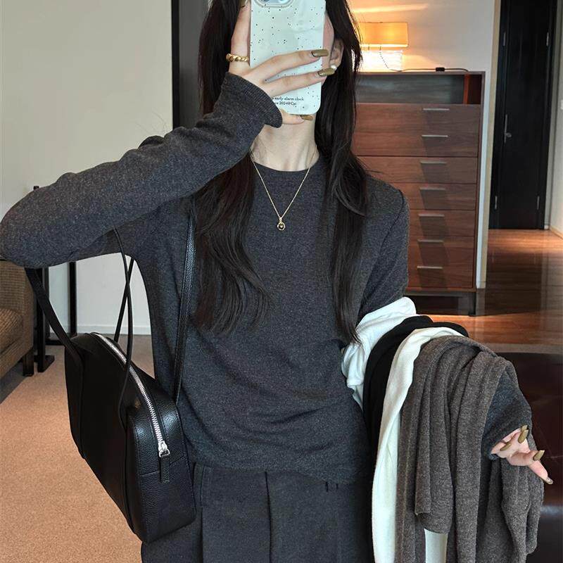 灰色长袖打底衫女内搭春秋季新款高级感T恤2026修身纯色显瘦上衣