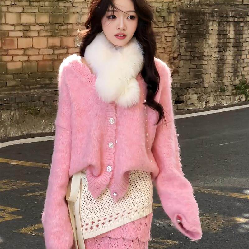 气质千金风粉色毛衣套装女秋冬甜美软糯V领针织开衫半身裙两件套