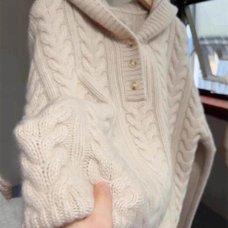 白色连帽长袖针织衫女2026秋冬新款大码胖MM韩系麻花宽松小众毛衣