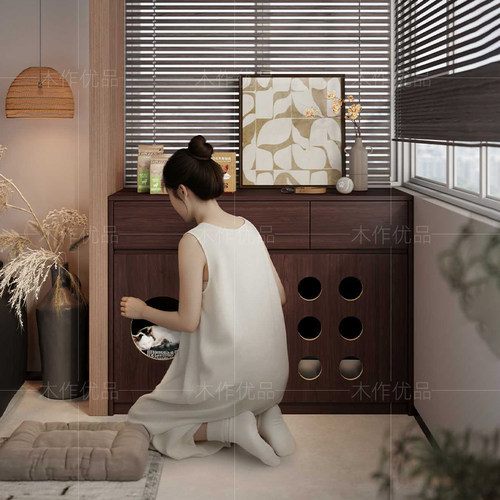 中古风孔洞造型猫窝猫砂收纳一体