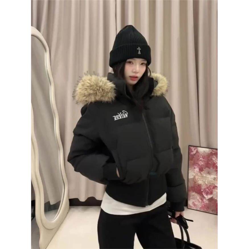 黑色毛领短款棉服女款冬季2025新款连帽棉袄收腰保暖加厚夹棉外套