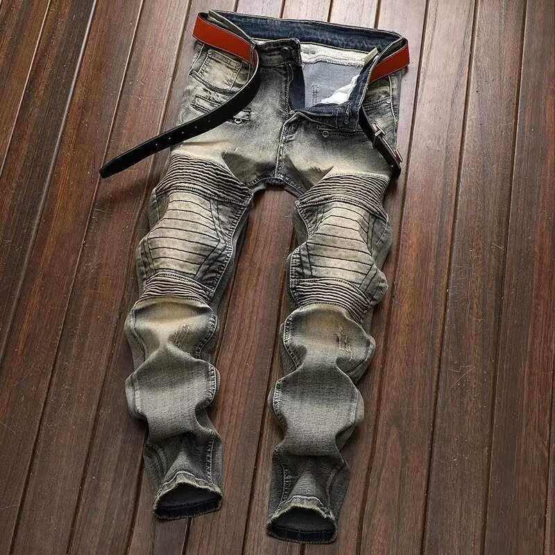 牛仔裤男款潮牌秋季新款时尚个性拼接修身小脚紧身休闲百搭长裤子