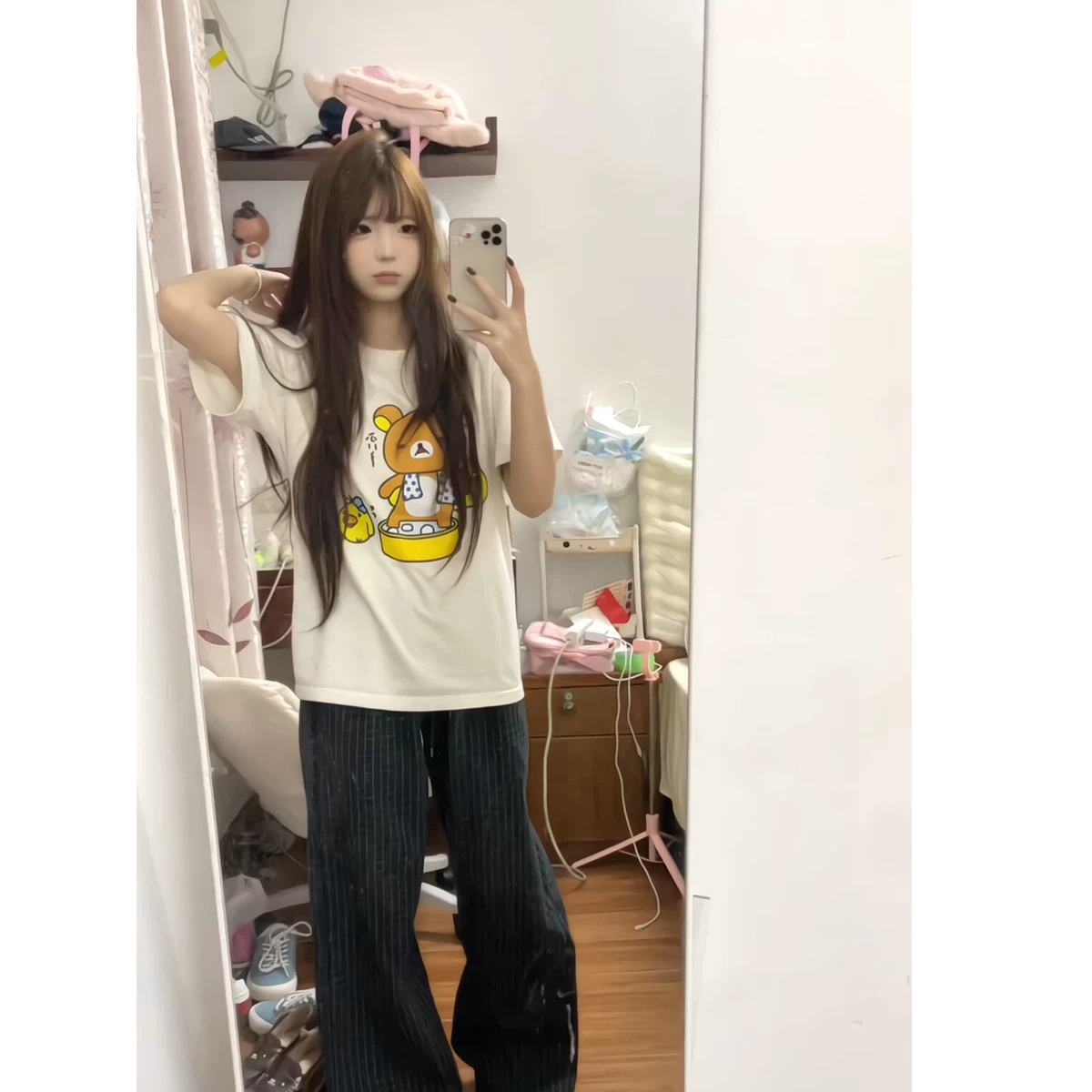 萌宅系轻松熊印花宽松纯棉上衣