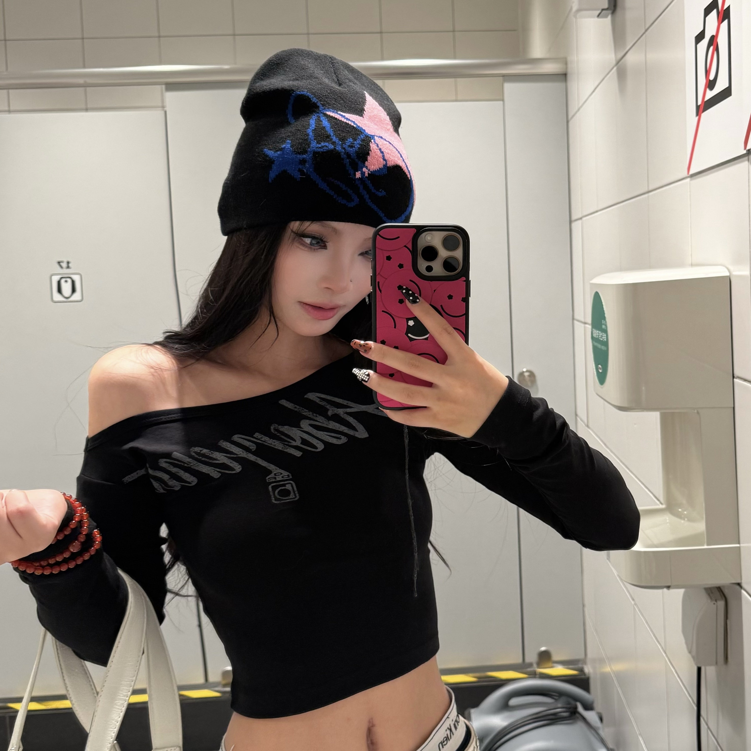 美式甜辣妹斜肩做旧长袖早秋chic上衣不规则修身显瘦短款打底衫潮