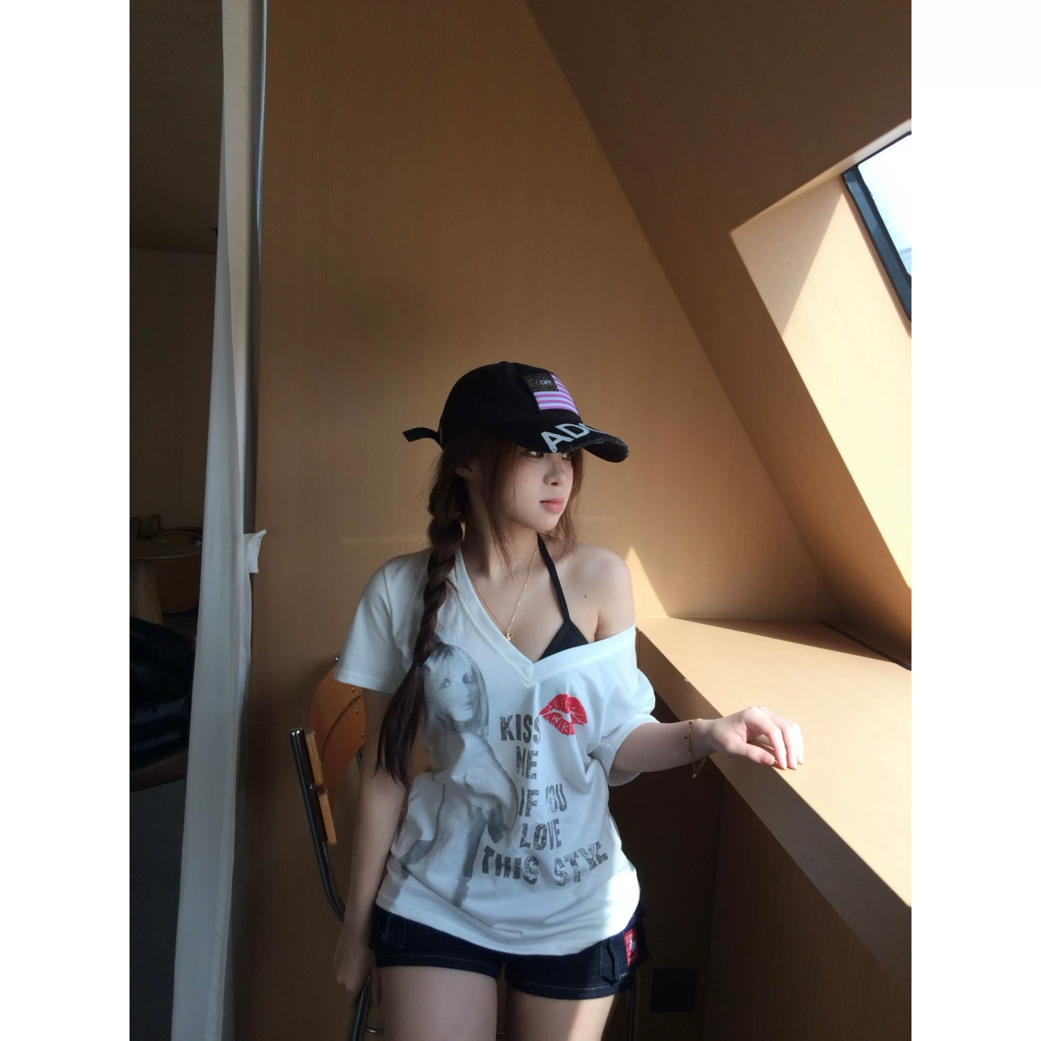 美式辣妹露肩薄款短袖上衣