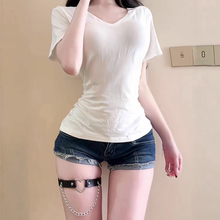 白色正肩V领短袖t恤女夏季通勤百搭修身显瘦掐腰甜辣妹短款上衣