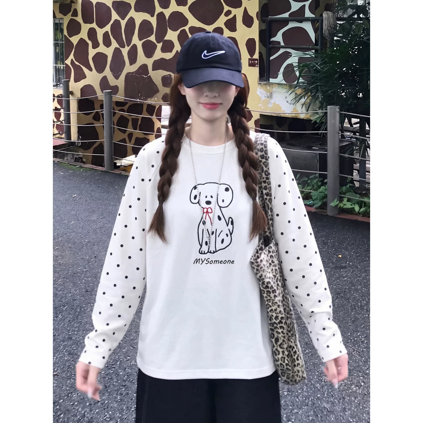 韩系印花小狗拼接波点打底上衣