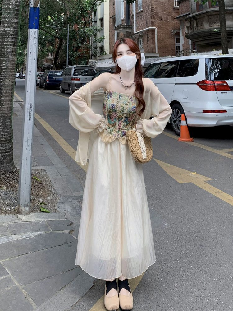 法式复古油画碎花吊带背心防晒衫半身长裙女夏季2023新款时尚套装