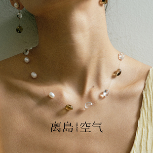 离岛空气露珠S925银水晶项链女轻奢小众珍珠项链度假风叠戴锁骨链