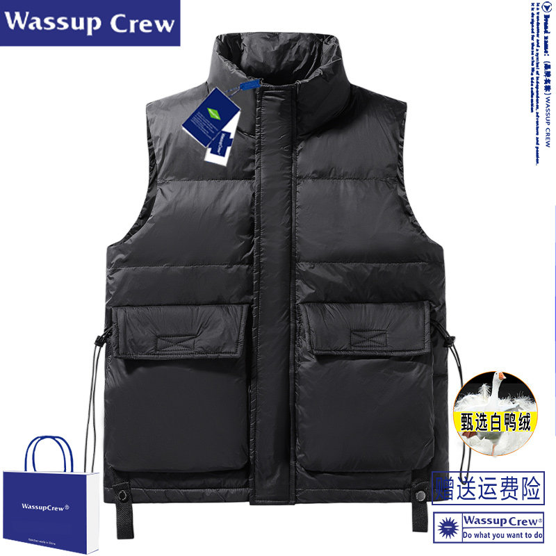 WASSUP CREW 다운 조끼 남성용 2022 겨울 신작 작업복 민소매 조끼 조끼 조끼 자켓 인