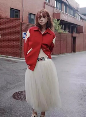 现货 25秋冬新款 freckle 复古小羊图案短款红色棒球服夹克外套女