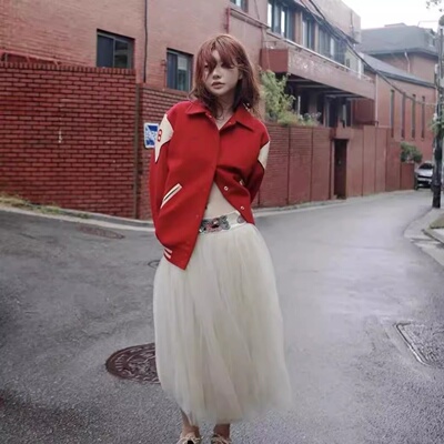 小羊图案红色棒球服夹克外套女