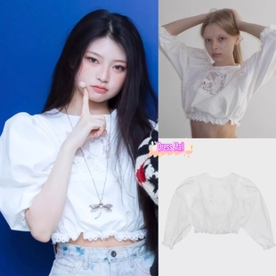 现货 freckle  kiiikiii同款 甜美气质正反两穿泡泡袖短款衬衫女