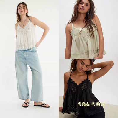 Free people 26新款复古镂空蕾丝拼接V领宽松休闲无袖吊带背心