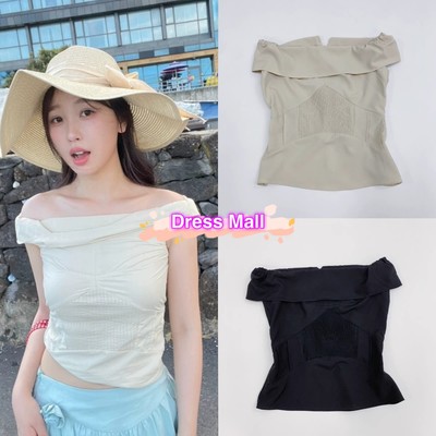虞书欣同款一字肩褶皱t恤上衣女