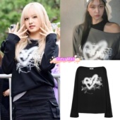 现货金艺琳MINJI同款 女 T恤打底衫 cerric 慵懒风爱心印花斜肩长袖