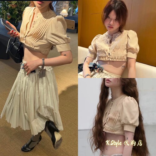 在途 Freckle 2026夏季新款 露腰纽扣超短款泡泡袖衬衫上衣女