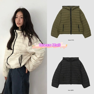 现货 plate 25冬季新款 韩系宽松休闲撞色拼边连帽羽绒服外套女