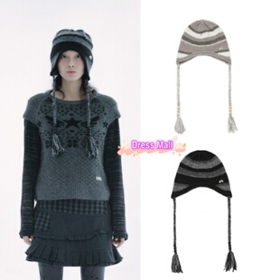 现货 hugyourskin 25秋冬新款拼色条纹保暖护耳针织帽毛线帽冷帽