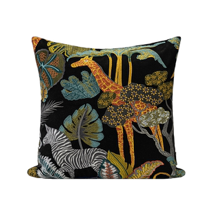 新宸优品 中古风高端刺绣抱枕套长颈鹿斑马复古动物沙发靠垫黑色