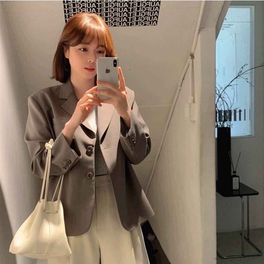 小西装外套女韩版宽松2024春秋英伦风灰色短款ins西服小个子上衣