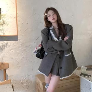 復古蝴蝶結拼接西裝 大衣松弛感穿搭西服潮8403 外套女小眾氣質新款