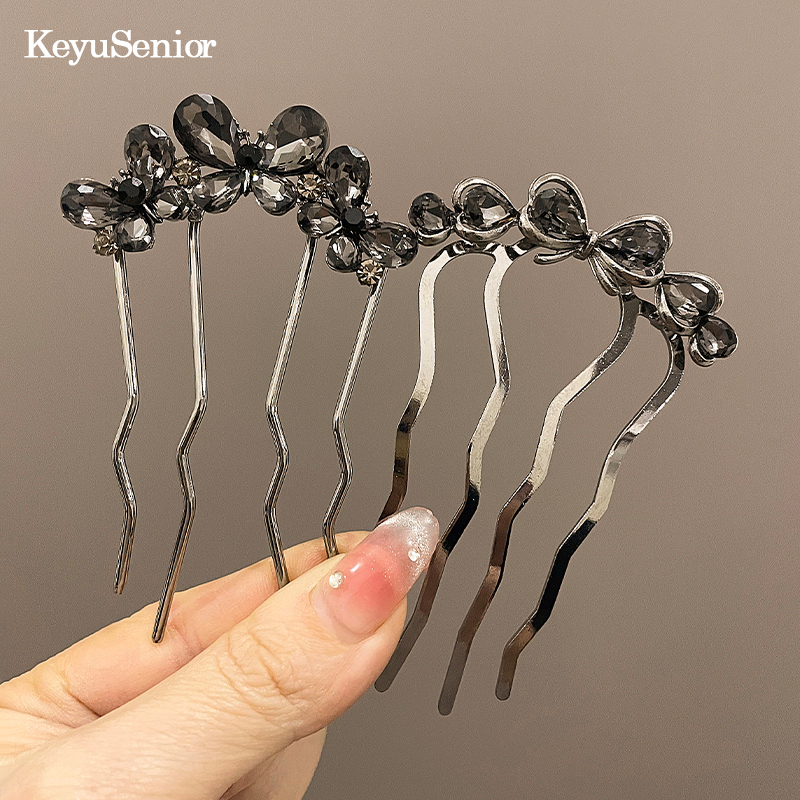 丸子头盘发固定神器女2025新款高端四齿插梳u型发簪水钻蝴蝶发钗