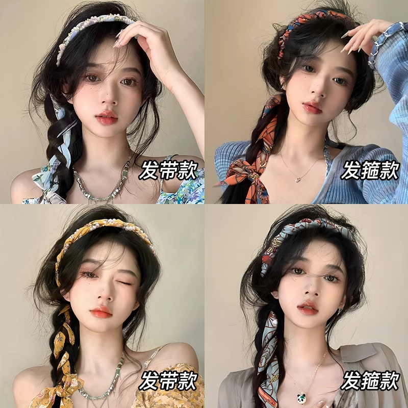 繁花飘带发箍发带女日常外戴碎花丝带丝巾绑发一体编发卡气质头饰