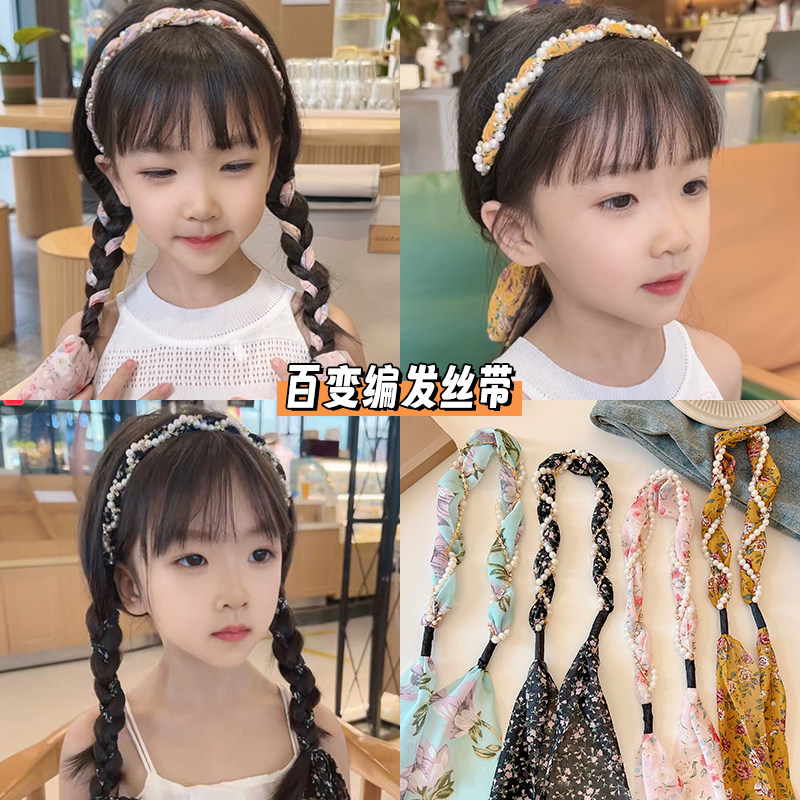 儿童超仙编发丝巾碎花飘带发箍一体马尾绑发丝带头绳发带头巾发绳