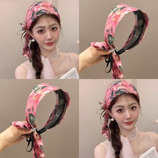 玫紅飄帶發(fā)箍女寬邊發(fā)卡碎花印花扎染日常外出遮發(fā)縫發(fā)帶絲帶頭箍