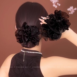 欧根纱妈妈头花大肠发圈女高级感2025新款满天星头饰低丸子头发绳