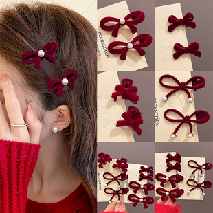 丝绒蝴蝶结发夹女高级感侧边可爱刘海夹碎发夹子红色新年头饰发饰