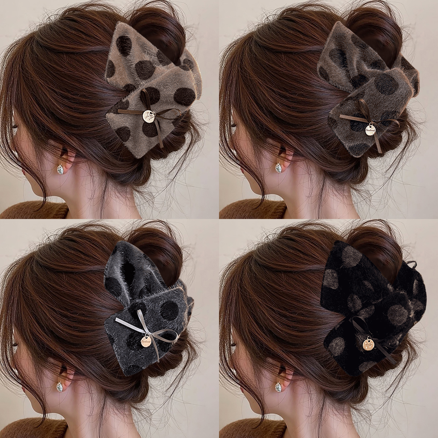 秋冬奶咖慕斯豹纹毛绒抓夹发夹女后脑勺头饰三角波点高级感鲨鱼夹