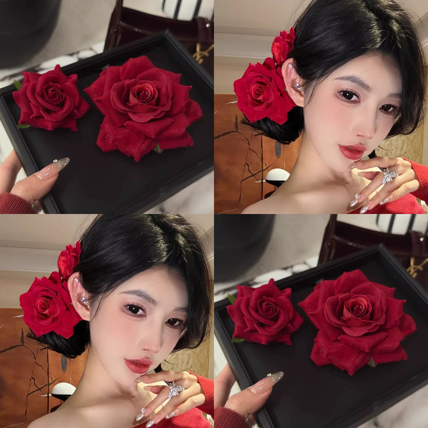 红色玫瑰花发夹女抓夹侧边鸭嘴夹子大花朵气质高级感头饰头花发饰