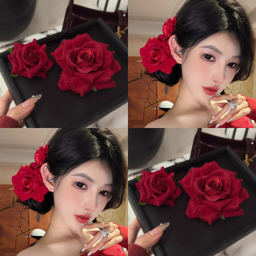 红色玫瑰花发夹女抓夹侧边鸭嘴夹子大花朵气质高级感头饰头花发饰