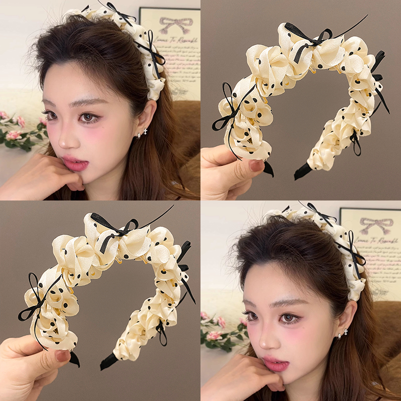 米色波点蝴蝶结发箍女公主风发卡褶皱复古头箍网红高颅顶齿梳头饰